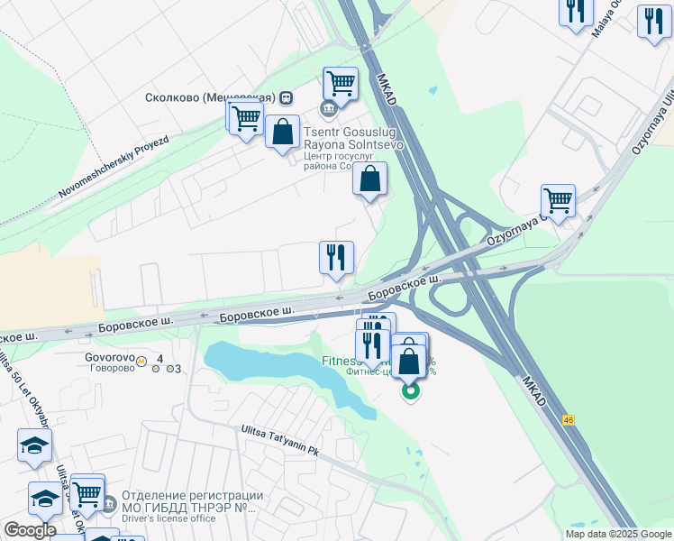 map of restaurants, bars, coffee shops, grocery stores, and more near in Moskva