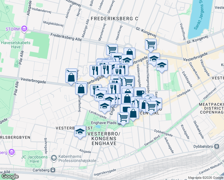 map of restaurants, bars, coffee shops, grocery stores, and more near in København