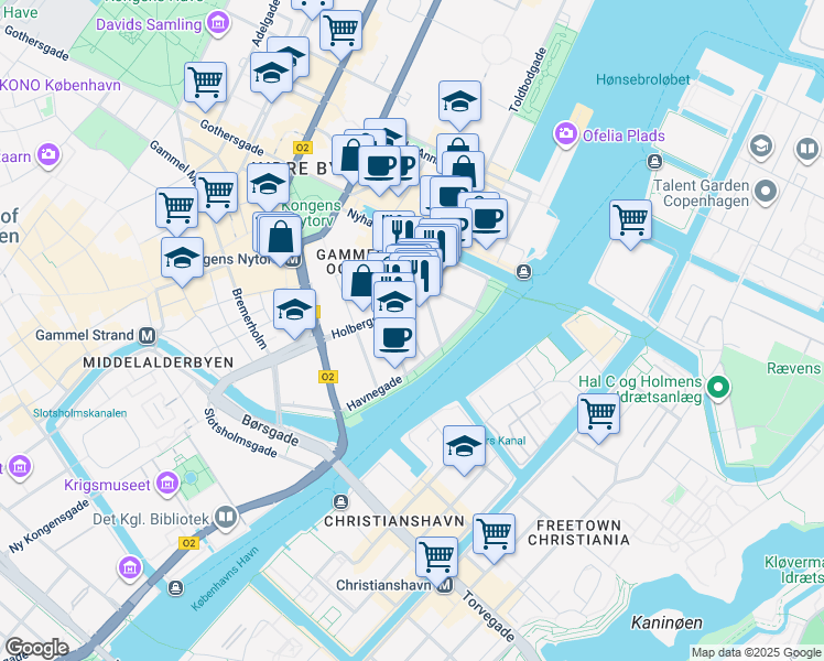 map of restaurants, bars, coffee shops, grocery stores, and more near in København
