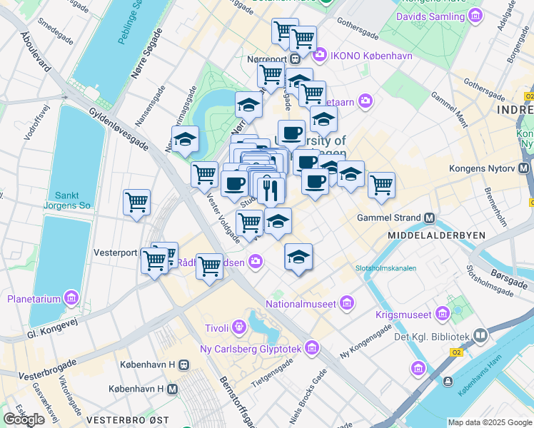 map of restaurants, bars, coffee shops, grocery stores, and more near 3 Larsbjørnsstræde in Copenhagen