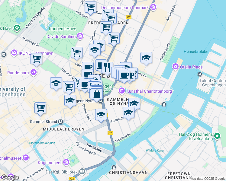 map of restaurants, bars, coffee shops, grocery stores, and more near 1 Kongens Nytorv in Copenhagen