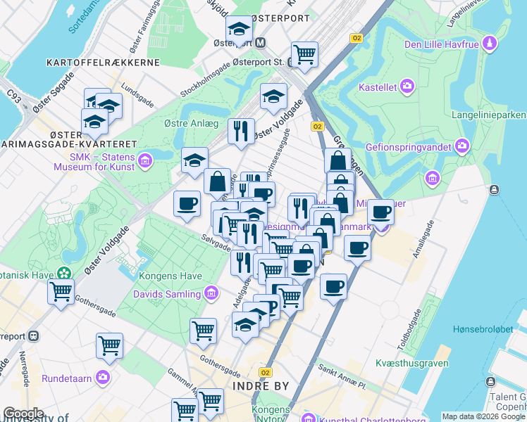 map of restaurants, bars, coffee shops, grocery stores, and more near 45 Olfert Fischers Gade in Copenhagen