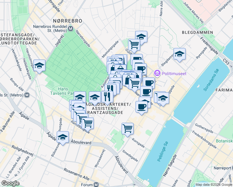 map of restaurants, bars, coffee shops, grocery stores, and more near 7 Griffenfeldsgade in Copenhagen