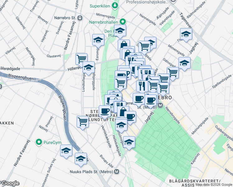 map of restaurants, bars, coffee shops, grocery stores, and more near 24 Stefansgade in Copenhagen