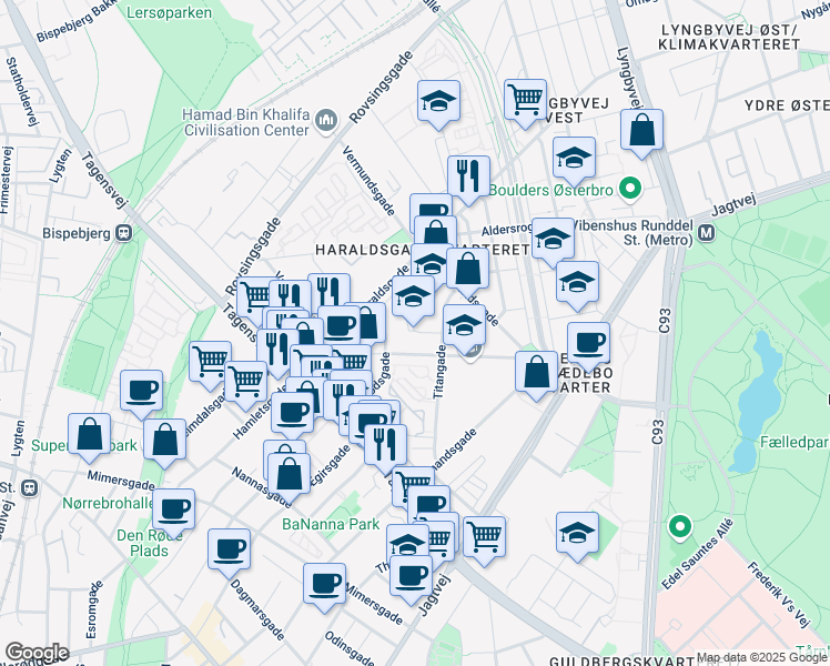 map of restaurants, bars, coffee shops, grocery stores, and more near 9 Titangade in Copenhagen
