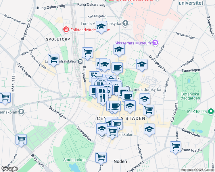 map of restaurants, bars, coffee shops, grocery stores, and more near in Lund