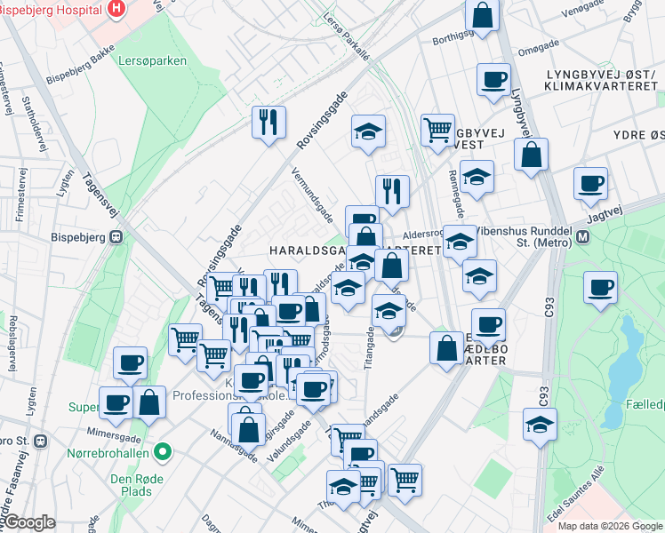 map of restaurants, bars, coffee shops, grocery stores, and more near 41 Haraldsgade in Copenhagen