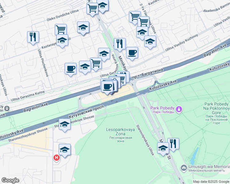 map of restaurants, bars, coffee shops, grocery stores, and more near 48 Kutuzovskiy prospekt in Moskva