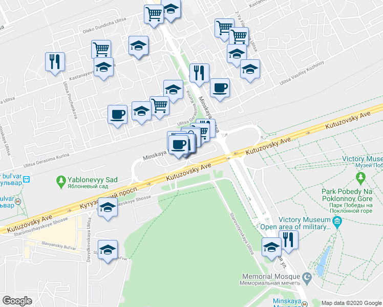 map of restaurants, bars, coffee shops, grocery stores, and more near 48 Kutuzovskiy prospekt in Moskva