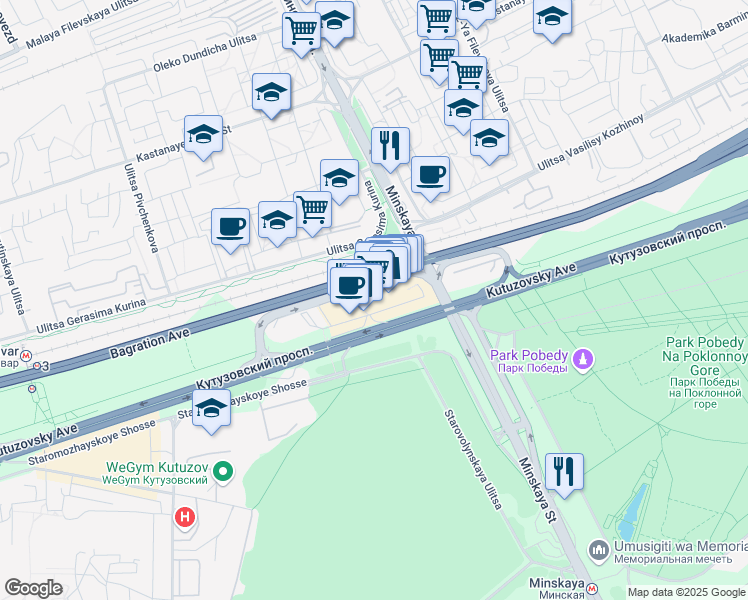 map of restaurants, bars, coffee shops, grocery stores, and more near in Moscow