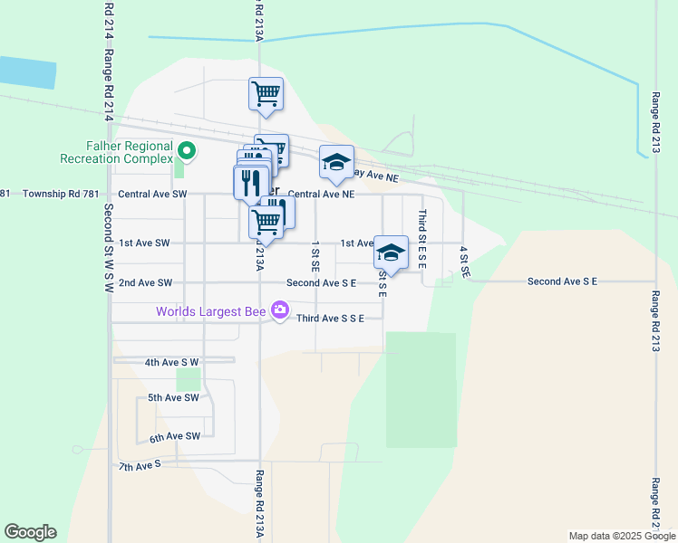 map of restaurants, bars, coffee shops, grocery stores, and more near 104 2 Avenue Southeast in Falher