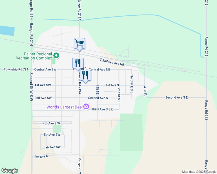 map of restaurants, bars, coffee shops, grocery stores, and more near 104 2 Avenue Southeast in Falher