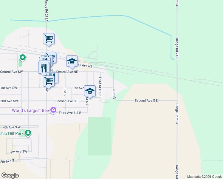 map of restaurants, bars, coffee shops, grocery stores, and more near 401 2 Avenue Southeast in Falher