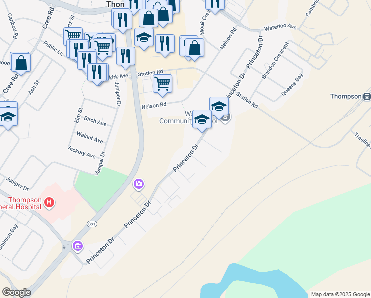 map of restaurants, bars, coffee shops, grocery stores, and more near 364 Princeton Drive in Thompson