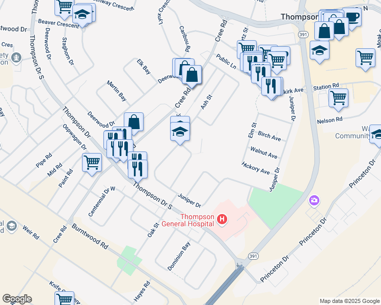 map of restaurants, bars, coffee shops, grocery stores, and more near 36 Cypress Crescent in Thompson