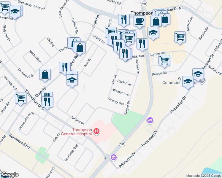 map of restaurants, bars, coffee shops, grocery stores, and more near Elm Street in Thompson