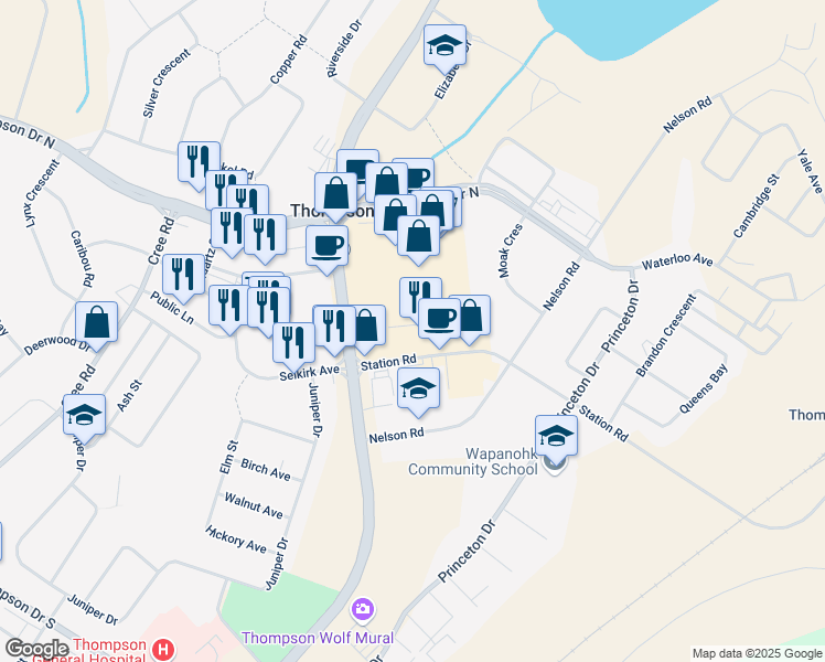 map of restaurants, bars, coffee shops, grocery stores, and more near 91a Kelsey Bay in Thompson
