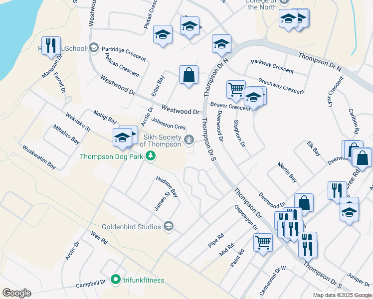map of restaurants, bars, coffee shops, grocery stores, and more near 135 Goldeye Crescent in Thompson