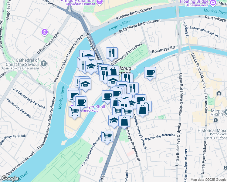 map of restaurants, bars, coffee shops, grocery stores, and more near in Moscow