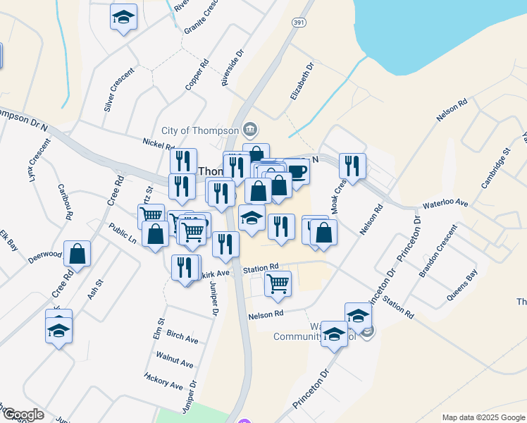 map of restaurants, bars, coffee shops, grocery stores, and more near 91a Kelsey Bay in Thompson