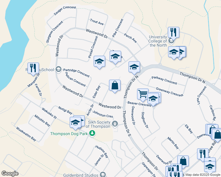 map of restaurants, bars, coffee shops, grocery stores, and more near 72 Eider Bay in Thompson