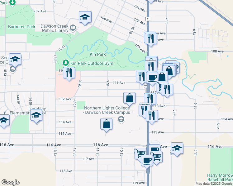 map of restaurants, bars, coffee shops, grocery stores, and more near 844 112 Avenue in Dawson Creek