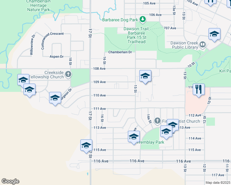 map of restaurants, bars, coffee shops, grocery stores, and more near 1528 110 Avenue in Dawson Creek