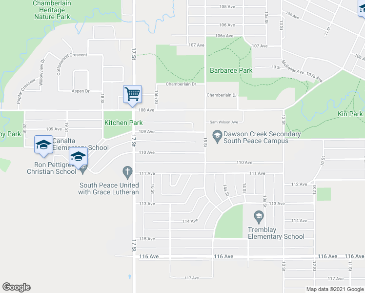 map of restaurants, bars, coffee shops, grocery stores, and more near 1524 110 Avenue in Dawson Creek