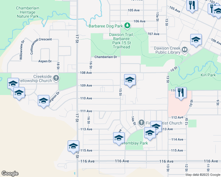map of restaurants, bars, coffee shops, grocery stores, and more near 1524 110 Avenue in Dawson Creek