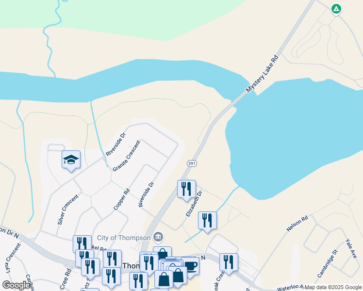 map of restaurants, bars, coffee shops, grocery stores, and more near 252 Riverside Drive in Thompson