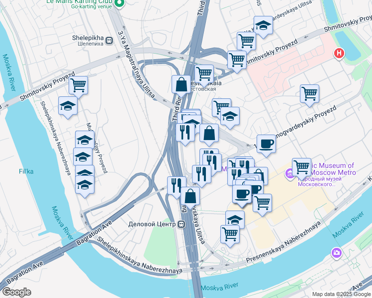 map of restaurants, bars, coffee shops, grocery stores, and more near 10 ulitsa Testovskaya in Moscow