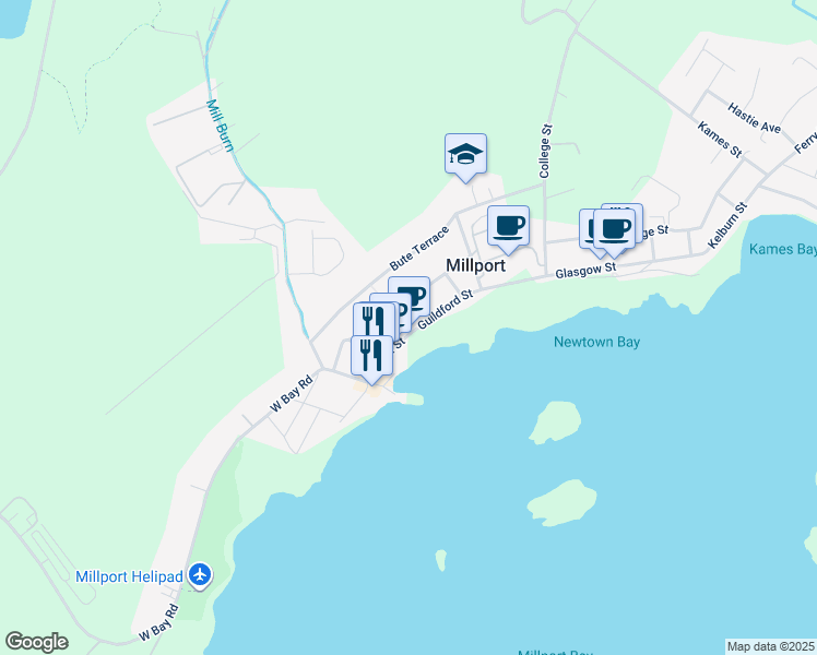 map of restaurants, bars, coffee shops, grocery stores, and more near 51 Stuart Street in Millport