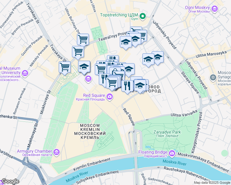 map of restaurants, bars, coffee shops, grocery stores, and more near 3 Krasnaya ploshad in Moskva