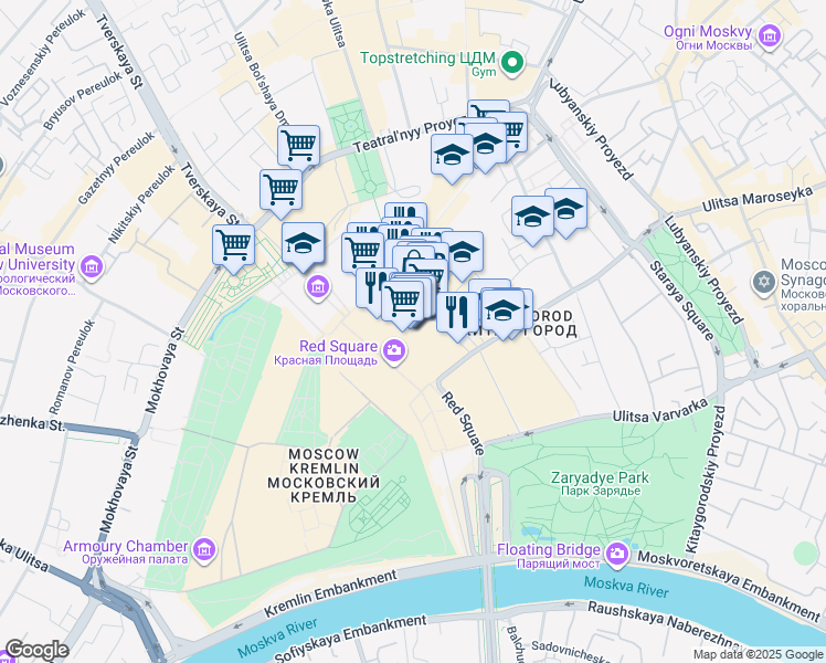 map of restaurants, bars, coffee shops, grocery stores, and more near 3 Krasnaya ploshad in Moskva