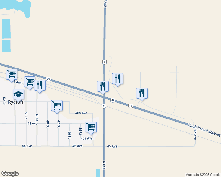 map of restaurants, bars, coffee shops, grocery stores, and more near 4919 43 Street in Rycroft