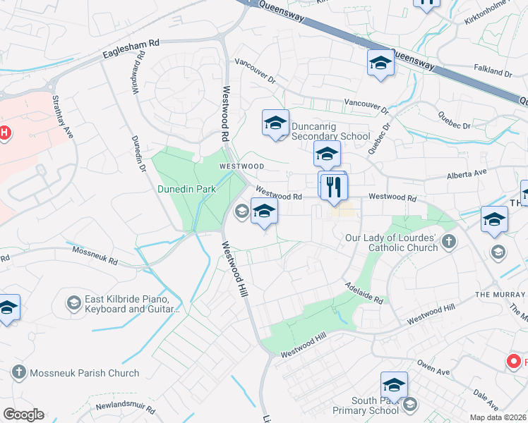 map of restaurants, bars, coffee shops, grocery stores, and more near in East Kilbride