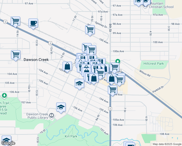 map of restaurants, bars, coffee shops, grocery stores, and more near 904 102 Avenue in Dawson Creek
