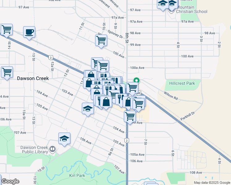 map of restaurants, bars, coffee shops, grocery stores, and more near 904 102 Avenue in Dawson Creek