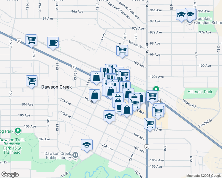 map of restaurants, bars, coffee shops, grocery stores, and more near 1030 Alaska Avenue in Dawson Creek