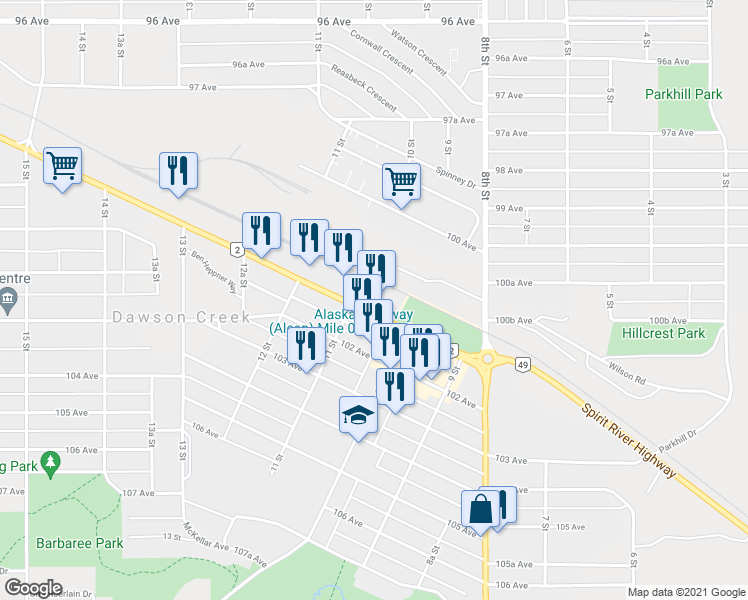 map of restaurants, bars, coffee shops, grocery stores, and more near 1030 Alaska Ave in Dawson Creek