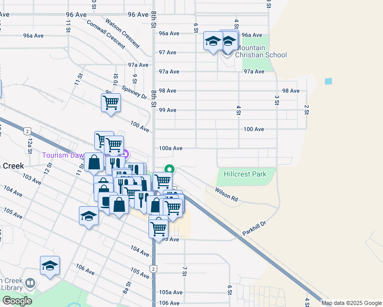 map of restaurants, bars, coffee shops, grocery stores, and more near 603 100A Avenue in Dawson Creek