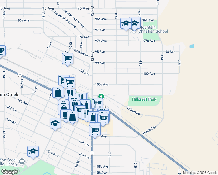 map of restaurants, bars, coffee shops, grocery stores, and more near 603 100A Avenue in Dawson Creek