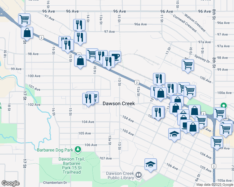 map of restaurants, bars, coffee shops, grocery stores, and more near 1310 101 Avenue in Dawson Creek