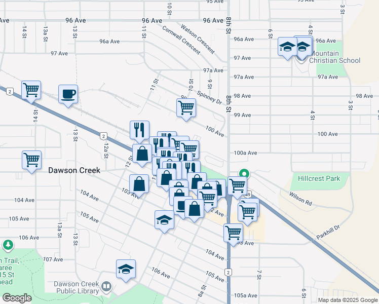 map of restaurants, bars, coffee shops, grocery stores, and more near 904 100A Avenue in Dawson Creek