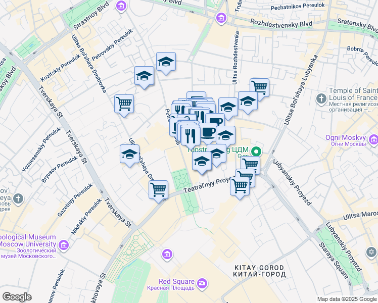 map of restaurants, bars, coffee shops, grocery stores, and more near 2 Petrovka Ulitsa in Moskva