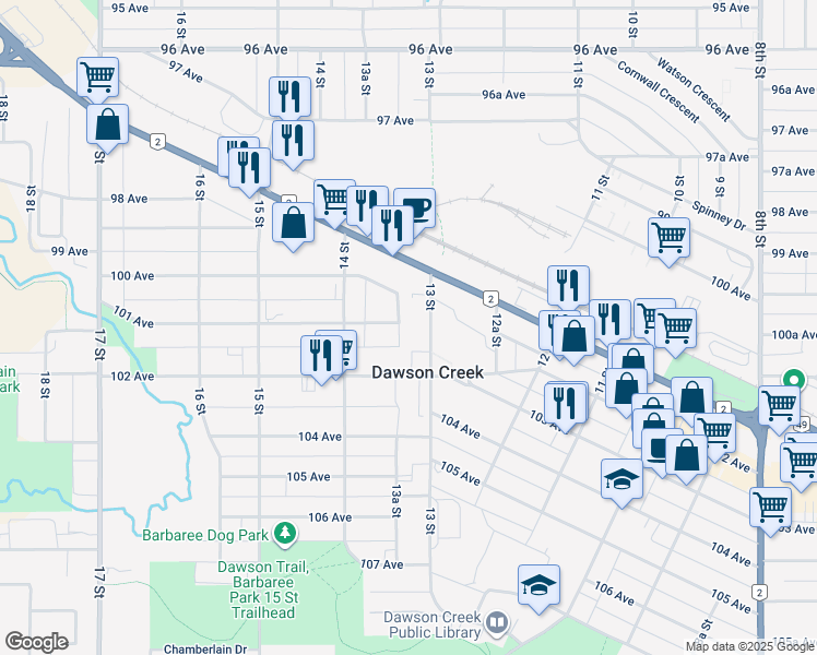 map of restaurants, bars, coffee shops, grocery stores, and more near 10109 13 Street in Dawson Creek