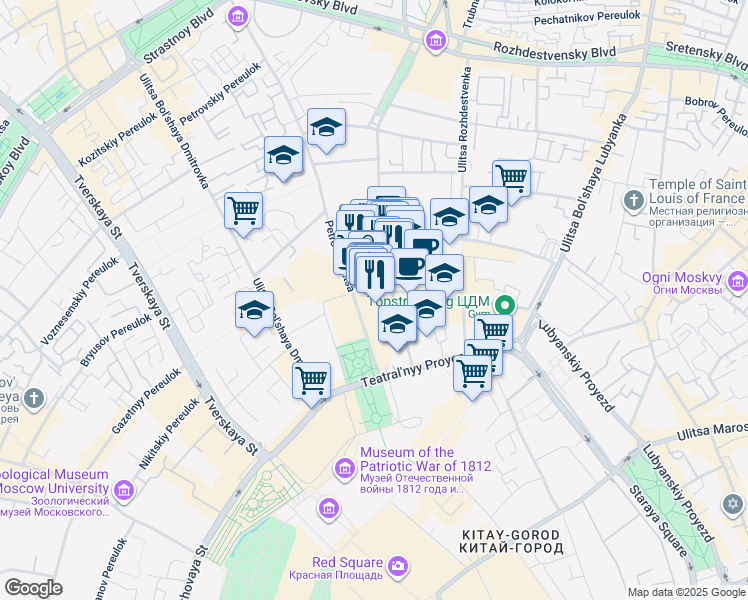 map of restaurants, bars, coffee shops, grocery stores, and more near 2 Petrovka Ulitsa in Moskva