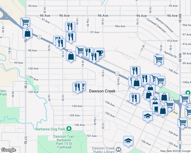 map of restaurants, bars, coffee shops, grocery stores, and more near 1310 101 Avenue in Dawson Creek