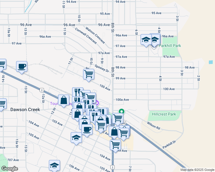 map of restaurants, bars, coffee shops, grocery stores, and more near 900 100 Avenue in Dawson Creek