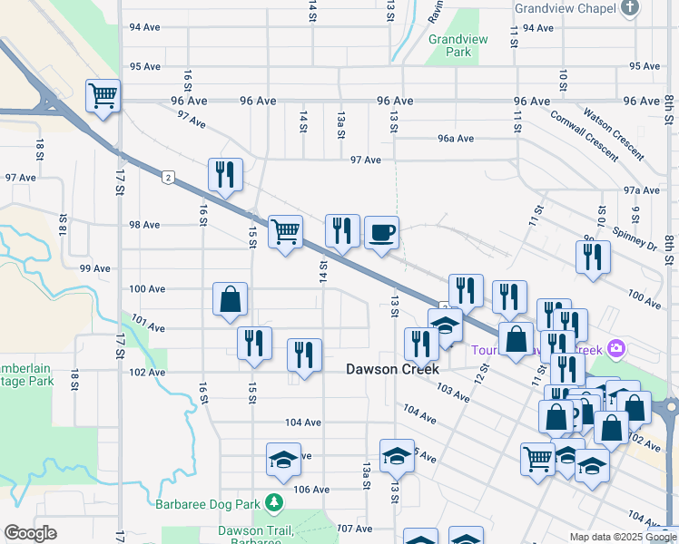 map of restaurants, bars, coffee shops, grocery stores, and more near 1325 Alaska Avenue in Dawson Creek